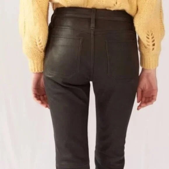 NWT Anthropologie Green Black High Rise Straight Leg Lamb Leather Pants Size 25